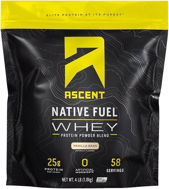 Ascent 100% Whey, Native Whey Protein Blend - Clean Post Workout Recovery, Digesting, Zero Artificial Flavors & Sweeteners, Gluten Free, 5.5g BCAA, 2.6g Leucine, Vanilla Bean 4 lb.