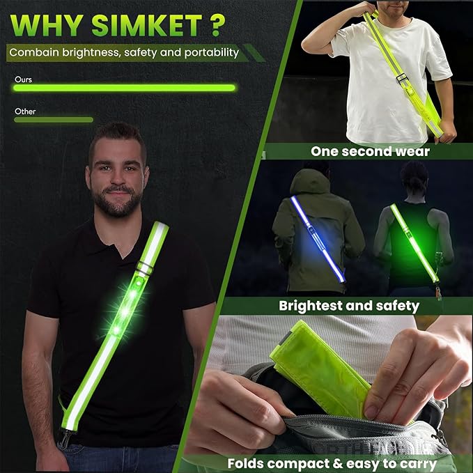 Simket Reflective Walking Gear, Rechargeable Led Reflective Sash, Adjustable Night Walking Safety Gear, High Visibility Safety Lights for Walking at Night for Men Women Jogging Running Biking