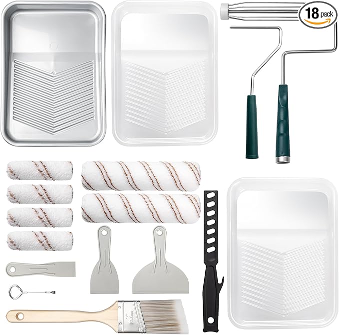 Mister Rui Paint Roller Kit, 18 Pack Paint Roller Set, 4"9" Paint Rollers for Painting Walls, Paint Tray with Liners, Angled Paint Brush, Professional Painting Kit for Home Improvement