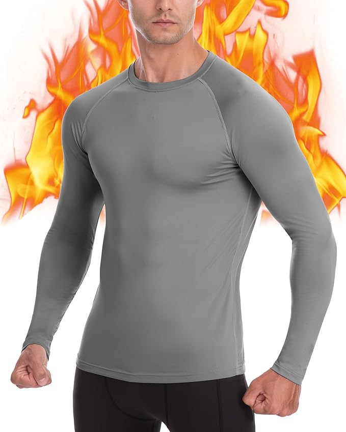 Mens Thermal Compression Shirts, Warm Long Sleeve Fleece Lined Tops Athletic Base Layer for Running Cold Weather