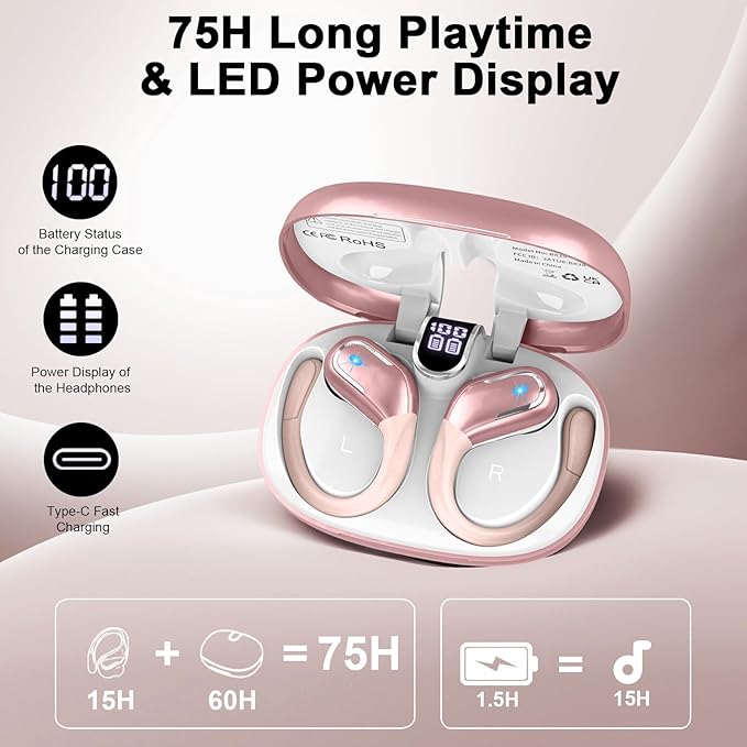Wireless Earbud, Bluetooth 5.4 Headphones 75Hrs Playtime, 2025 Bluetooth Earbuds Deep Bass Noise Cancelling Mic, Ear Buds with Sport Earhooks, IP7 Waterproof Wireless Earphones for Workout/Running/Gym