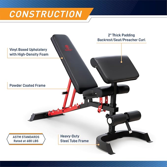 Marcy Adjustable Weight Bench for Home Gym, Heavy-Duty Workout Bench Press with 7-Position Backrest, Incline Decline Flat, Preacher Curl Pad, Leg Anchor, Full Body Strength Training Equipment SB-7799