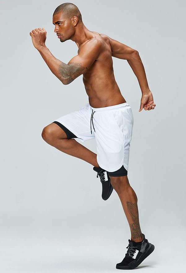 Pinkbomb Men's 2 in 1 Running Shorts Gym Workout Quick Dry Mens Shorts with Phone Pocket