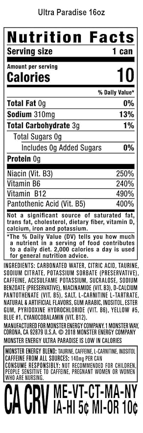 Monster Energy Ultra Paradise, Sugar Free Energy Drink, 16 Ounce (Pack of 15)