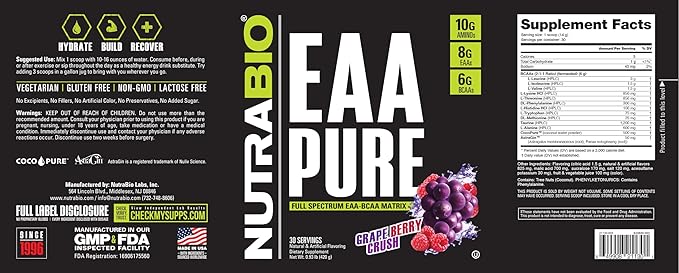 NutraBio – EAA Pure – 9 Amino Acids – Muscle Repair and Recovery, 30 Servings, Grape Berry Crush – Pre or Post Workout – All Day Recovery