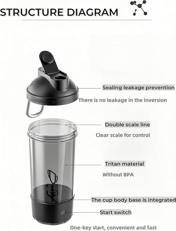 Electric Protein Shaker Bottle Automatic Stirring Mug Tritan Material Cup Sports Health Cup Waterproof Rechargeable Cup (Grey)