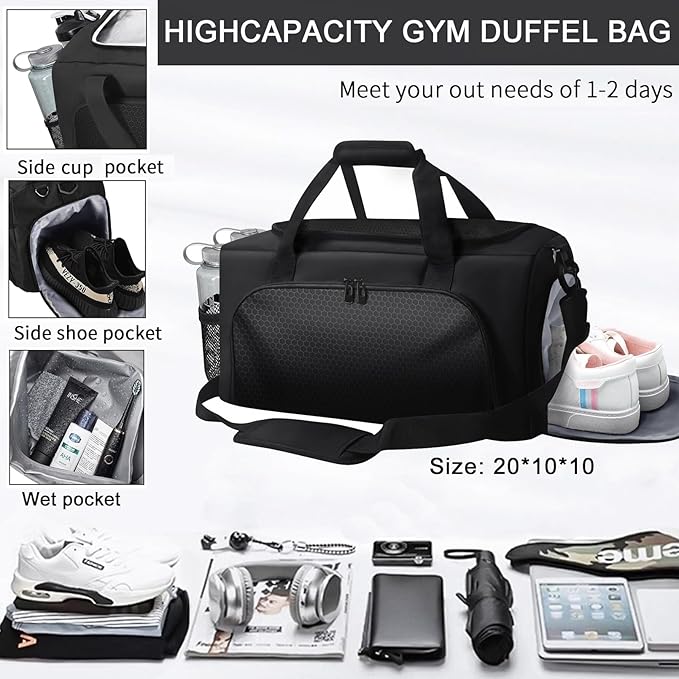Gym Sports Duffle Bag for Men, Athletic Workout Bag, 20" Medium Duffel Bag with Wet Pocket & Shoe Compartment Black