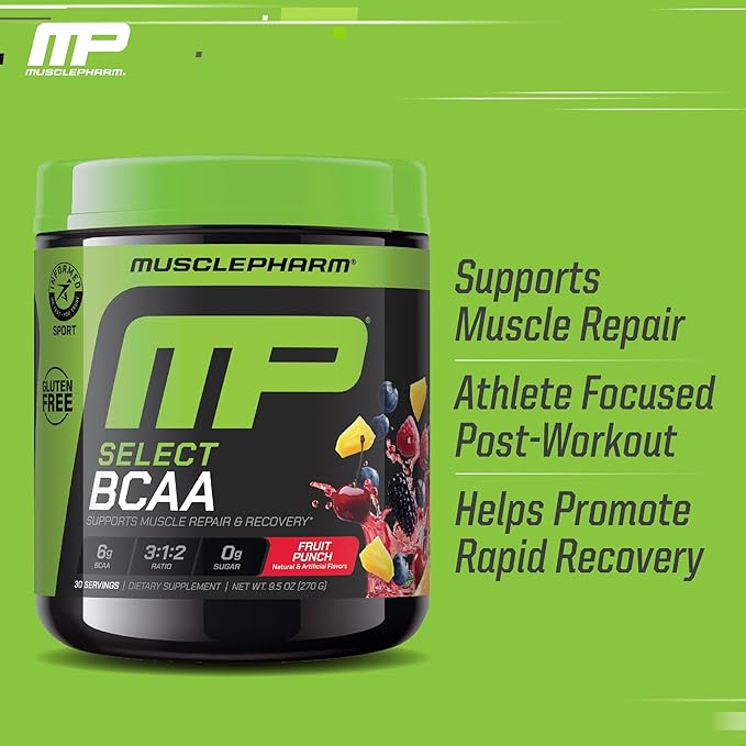 MusclePharm Essentials BCAA Powder, Pre & Post Workout Recovery Drink, Supports Muscle Recovery & Energy, Essential Amino Acids, 30 Serv, Fruit Punch
