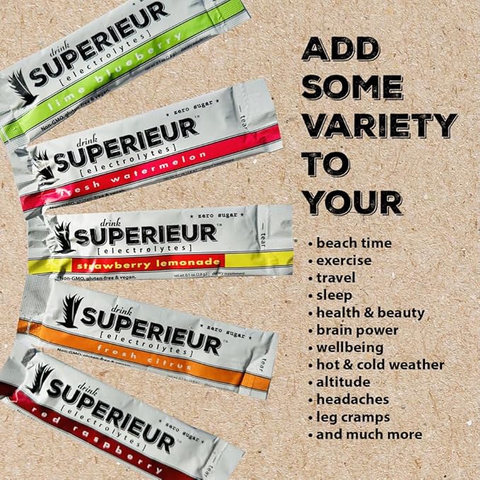 Superieur Electrolyte Powder Packets - Vegan Electrolyte Hydration Powder w/Sea Minerals - Keto Friendly, Non-GMO, Zero Sugar Electrolyte Supplement-Healthy Sports Drink -Sampler Pack (20 Packets)