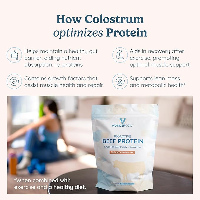 WONDERCOW Beef Protein Isolate Powder w/Bovine Colostrum Supplement | Clean, 100% Grass Fed, Carnivore, Keto Friendly | Gluten Free | Helps Build Lean Muscle | 20g of Protein, 30 Servings, Chocolate