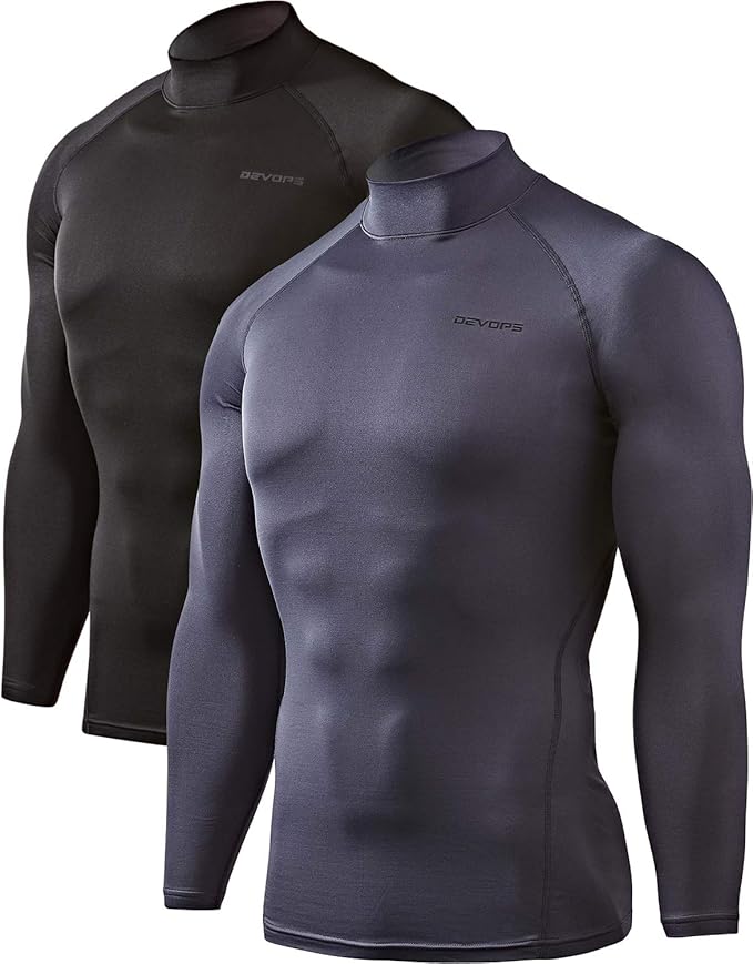 DEVOPS 2 Pack Men's Thermal Turtle Mock Neck Shirts, Compression Long Sleeve Tops and Hoodies