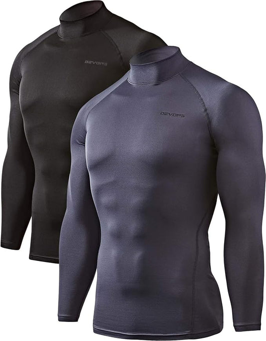 DEVOPS 2 Pack Men's Thermal Turtle Mock Neck Shirts, Compression Long Sleeve Tops and Hoodies