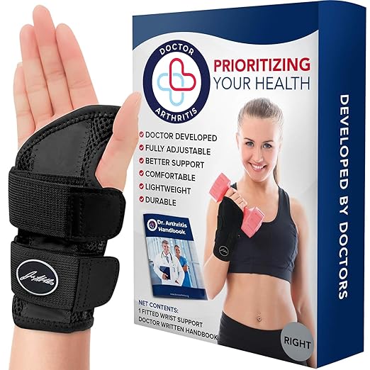 Dr. Arthritis Doctor Developed Fitted Wrist Brace for Carpal Tunnel Syndrome, Tendonitis, Splint Support for Men and Women Single (Black, Right Hand)