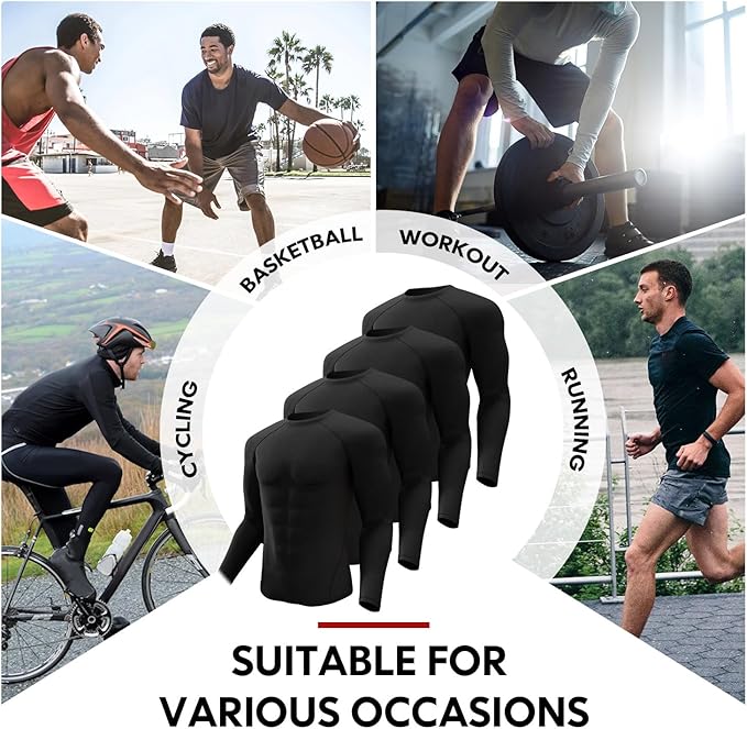 CL convallaria 4 Pack Compression Shirts Men Long Short Sleeve Cooling Dry Rash Guard Athletic Workout T Shirt for Sports