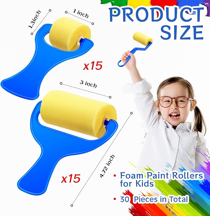 Tenceur 30 Pcs 3"and 1" Foam Paint Brushes for Kids Foam Paint Roller Small Sponge Roller with Blue Handle for Young Artists, Reusable & Washable Early Educational Supply for Crafts, Graffiti, DIY Art