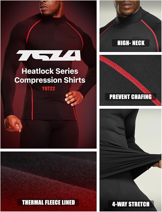 TSLA Men's Thermal Long Sleeve Compression Shirts, Mock/Turtleneck Winter Sports Running Base Layer Top
