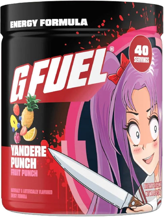 G Fuel Yandere Punch Energy Drink Powder, Pre Workout Caffeine Mix for Gaming, Sugar Free Focus Amino, Vitamin + Antioxidants, 9.8oz (Fruit Punch, 40 Servings)