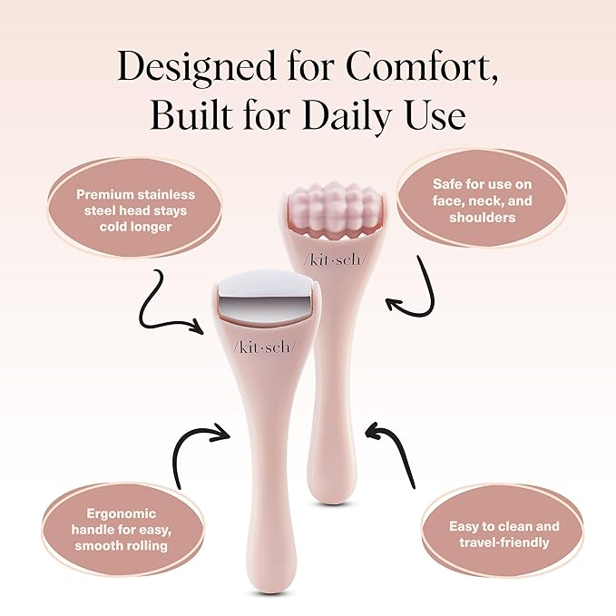 Kitsch Mini Facial Roller & Ice Face Roller Skin Care Tool Set for Women - Face Massager for Puffy Eyes, Cold Therapy, Lymphatic Drainage Massager, Self Care Gifts for Women & Men - Blush