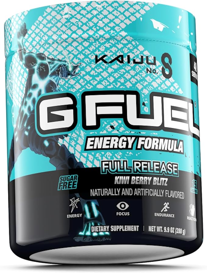 G Fuel Full Release Energy Drink Powder, Pre Workout Caffeine Mix for Gaming, Sugar Free Focus Amino, Vitamin + Antioxidants, 9.9oz (Kiwi Berry Watermelon, 40 Servings)