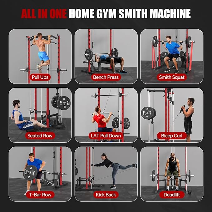 FAGUS Smith Machine Home Gym Power Cage with Pulley System, Space Saving Design Squat Rack with Full Body Strength Training Attachments, PEC Station & Fixed Cable Crossover Optional