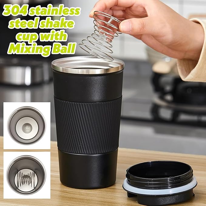 Maxdot 4 Pcs Stainless Steel Shaker Cup with Mixing Ball 17 oz Insulated Metal Blender Tumbler Water Bottle for Protein Mixes Gym Workout Coffee Drink (Black)