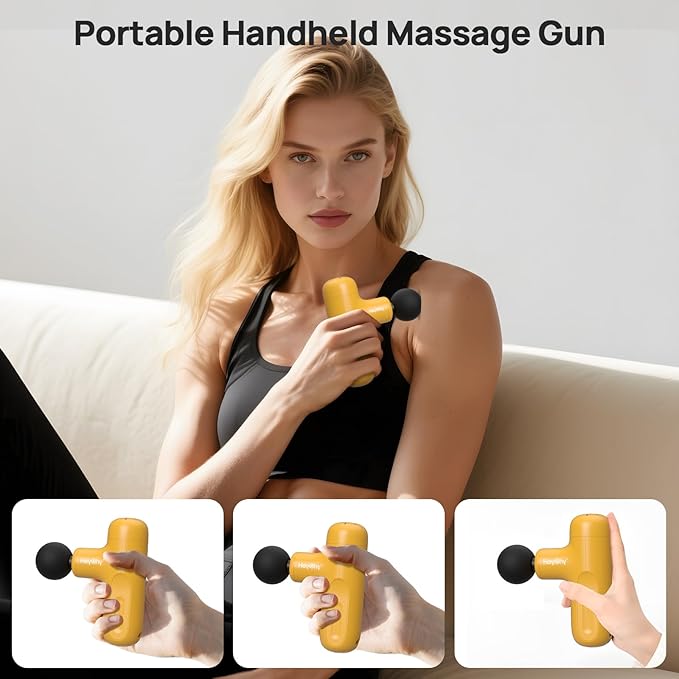 Mini Massage Gun Deep Tissue, Handheld Portable Mini Travel Size Percussion Deep Tissue Massager with 4 Attachments & 5 Speeds, Ideal Gift for Men & Women, Yellow