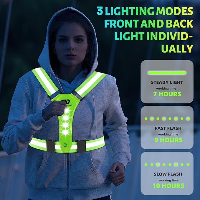 West Biking Running Vest Light - Led Running Reflective Gear for Walking at Night, High Visibility Night Rechargeable Light Up Running Vest, Adjustable Running Lights for Runners