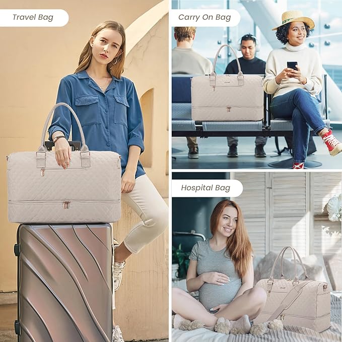 LOVEVOOK Travel Duffle Bag for Women, Weekender Overnight Bag with Shoe Compartment, Carry on Bag with Toiletry Bag, Gym Duffel Bag with Wet Pocket, Hospital Bags for Labor and Delivery 3 Pcs Set