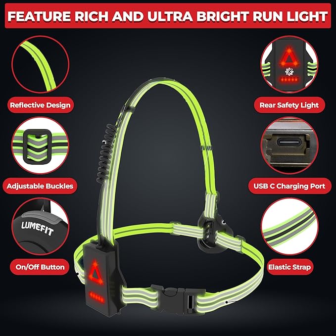 LUMEFIT Running Lights for Runners with Yellow Reflective Vest, Adjustable Beam Night Safety LED Chest Light Run, Dog Walking, and Jogging Gear, Rechargeable Headlamp Flashlight