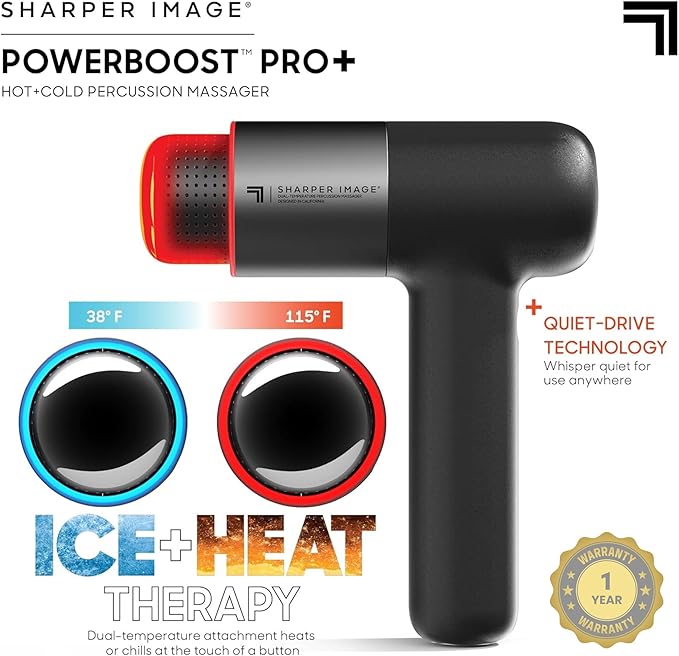 Sharper Image® Powerboost® Pro+ Hot & Cold Deep Tissue Massage Gun - 6 Speeds, 6 Attachments, 5-Hour Battery, Travel Case, Charging Base, Shoulder & Back Massager, Pain Relief Tool, FSA Eligible