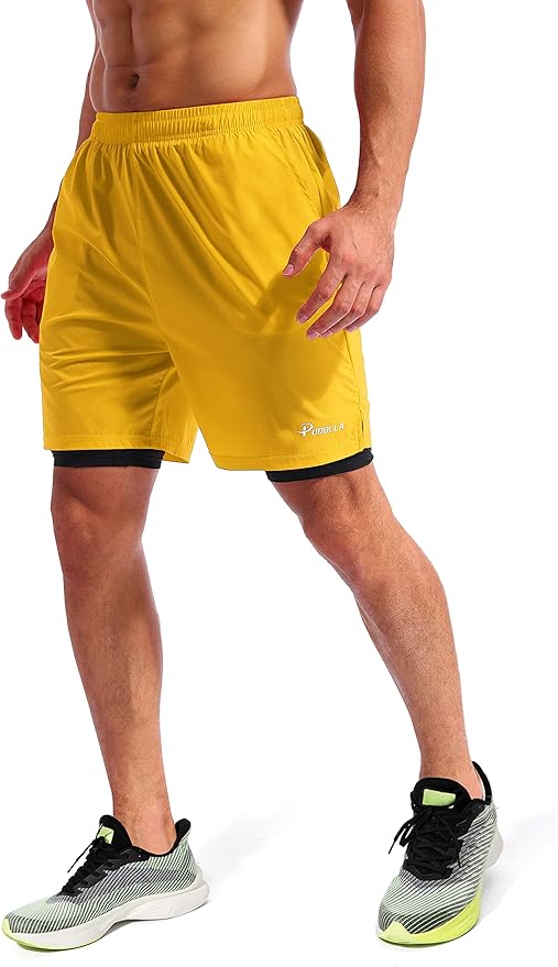 Pudolla Men’s 2 in 1 Running Shorts 5" Quick Dry Gym Athletic Workout Shorts for Men with Phone Pockets