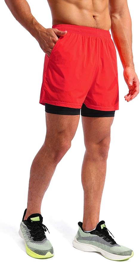 Pudolla Men’s 2 in 1 Running Shorts 5" Quick Dry Gym Athletic Workout Shorts for Men with Phone Pockets
