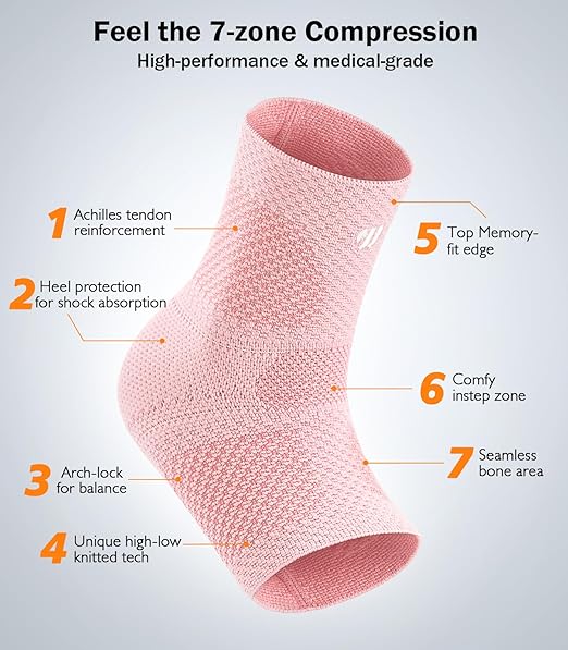 Flat Knitting Ankle Brace For Women&Men, 7-Zone Dynamic Compression Sleeve w/Flex Strap,Foot Support For Sports, Sprained Ankle, Achilles Tendonitis, Plantar Fasciitis Relief(Pack of1) M,Pink