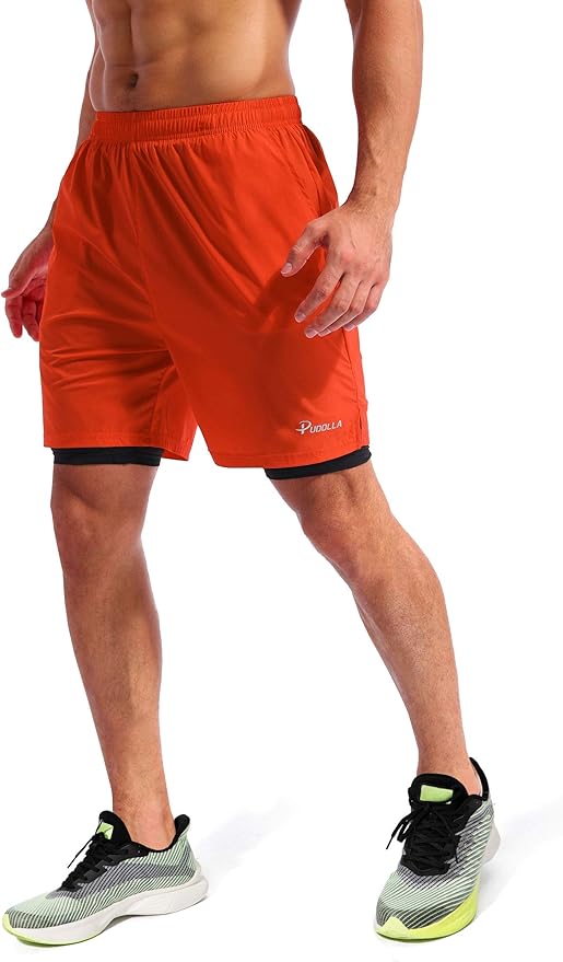 Pudolla Men’s 2 in 1 Running Shorts 5" Quick Dry Gym Athletic Workout Shorts for Men with Phone Pockets
