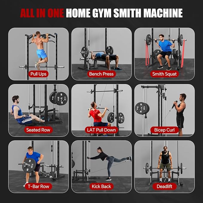 FAGUS Smith Machine Home Gym Power Cage with Pulley System, Space Saving Design Squat Rack with Full Body Strength Training Attachments, PEC Station & Fixed Cable Crossover Optional