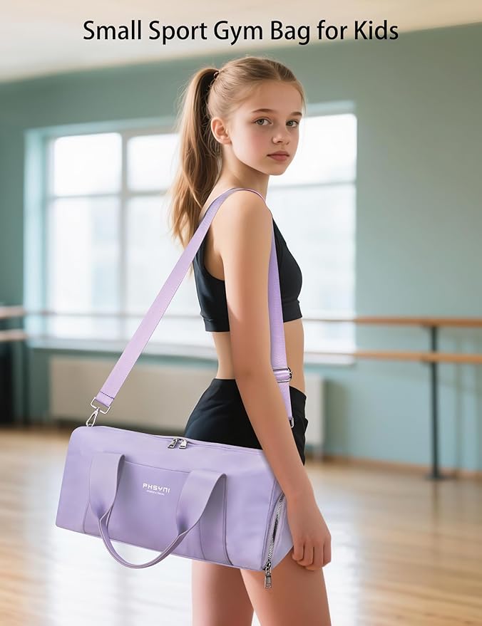 Small Sports Gym Bag for Women Girls Kids Duffle Bag for Fitness Workout, Travel, Dance, Ballet, Swim with Shoes Compartment & Waterproof Pocket, 16" Cute Purple