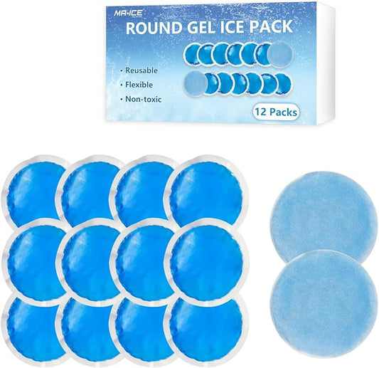 MR.ICE Small Round Ice Packs for Injuries Reusable Soft Gel Cold Packs Wrap for Kids - 12 Mini Ice Packs Cold Compress for Face After Surgery, Breastfeeding, Wisdom Teeth, Dark Circles, Kids Fever