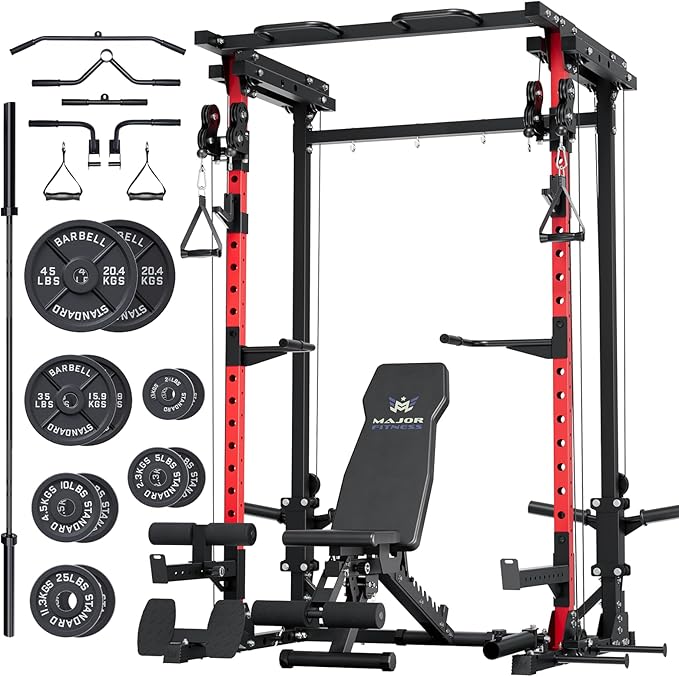 MAJOR FITNESS Drone3 Power Rack, Multi-Function Home Gym Squat Rack with Pull-Up Bar, Cable Crossover & J-Hooks, Heavy-Duty Steel Frame for Maximum Stability & Strength Training