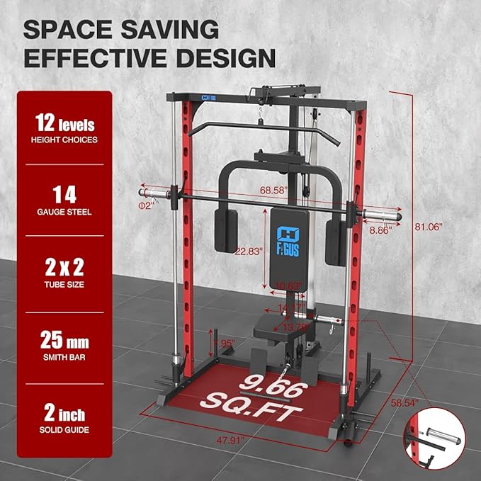 FAGUS Smith Machine Home Gym Power Cage with Pulley System, Space Saving Design Squat Rack with Full Body Strength Training Attachments, PEC Station & Fixed Cable Crossover Optional