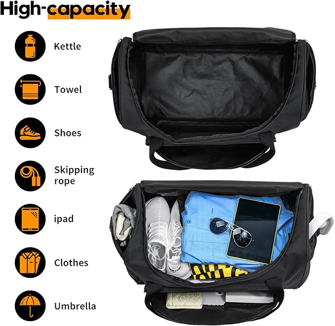 Gym Bag for Men - 55L Black Durable Large Duffle Bag for Travel, Workout, Fitness & Sport
