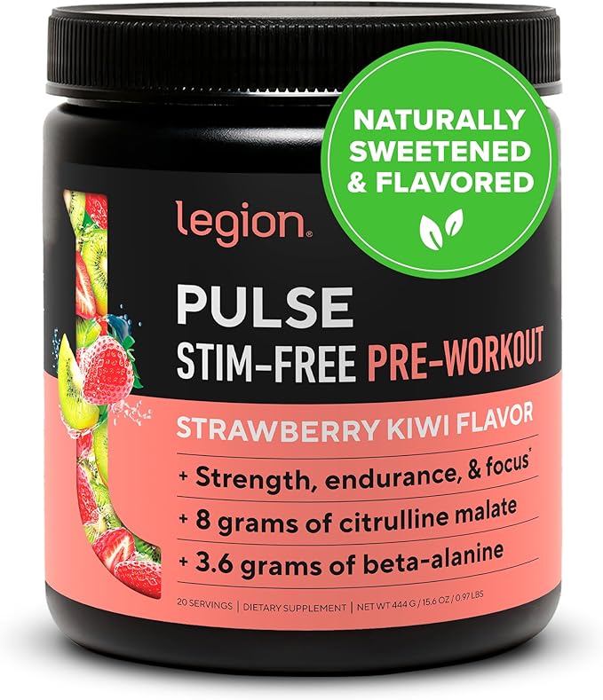 LEGION Pulse Pre Workout Supplement - All Natural Nitric Oxide Preworkout Drink Creatine Free Naturally Sweetened Beta Alanine Citrulline Alpha GPC - Caffeine Free Strawberry Kiwi Pre Workout Powder