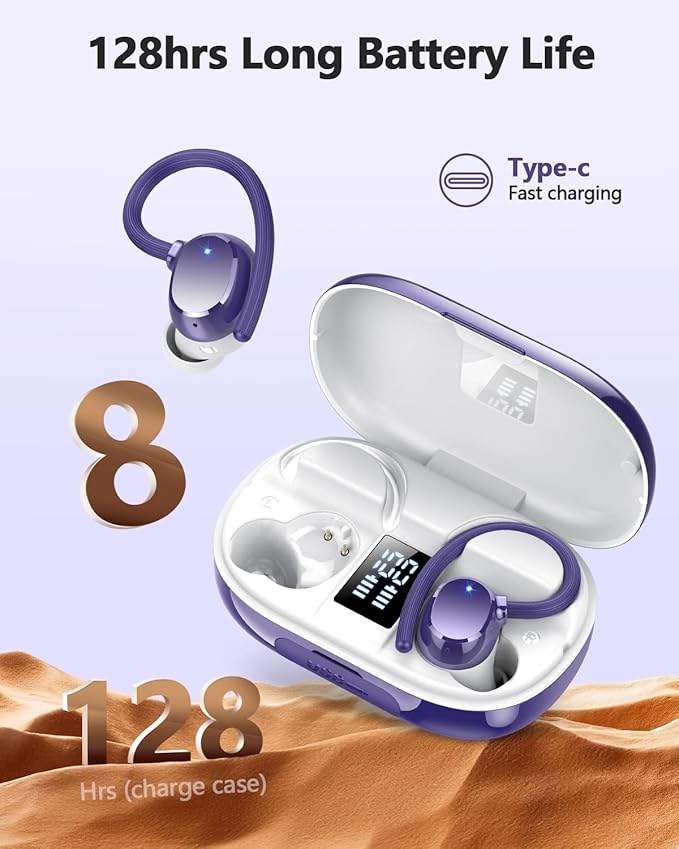 Wireless Bluetooth Earbuds Sport 128H Playtime Bluetooth 5.3 Headphones with LED Display Powerful Bass Over Ear Earphones with Earhooks IP7 Waterproof