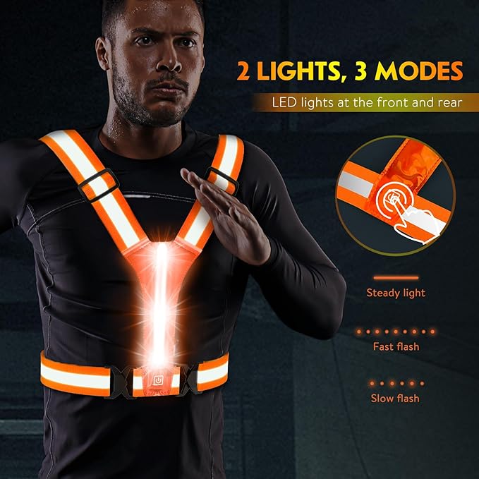 Simket Led Reflective Vest Running Gear, High Visibility Reflective Running Gear Rechargeable Adjustable Led Running Vest, Safety Night Running Gear for Men Women
