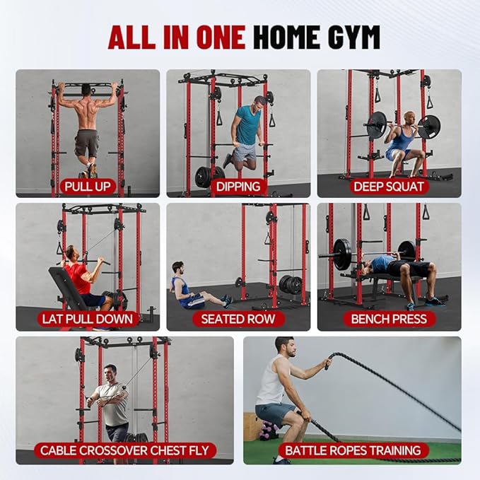 FAGUS Power Cage, Multi-Function Power Rack with LAT Pulldown, Seated Row, Cable Pulley System, J-Hooks, Dip Handles, Landmine, Squat Rack with Optional Cable Corssover, Smithe Attachment for Home Gym