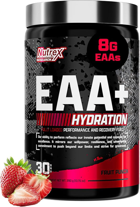 Nutrex Research EAA Hydration | EAAs + BCAA Powder | Muscle Recovery, Strength, Muscle Building, Endurance | 8G Essential Amino Acids + Electrolytes | 30 Servings (Fruit Punch)