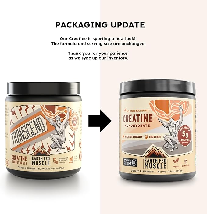 Earth Fed Muscle Transcend Creatine Monohydrate Powder – 100% German Creapure Creatine for Women | Muscle Recovery & Building, Energy Production | Unflavored 5g Serving, 60 Servings per Container