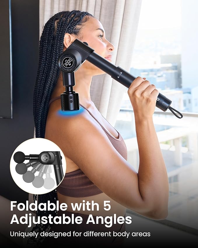 NAPRE Massage Gun with Heat and Cold Head,Deep Tissue Percussion Back Massager for Muscle/Neck/Body Pain Relief with Long Extension Retractable Handle,32-Speeds,Foldable with 5 Adjustable Angles