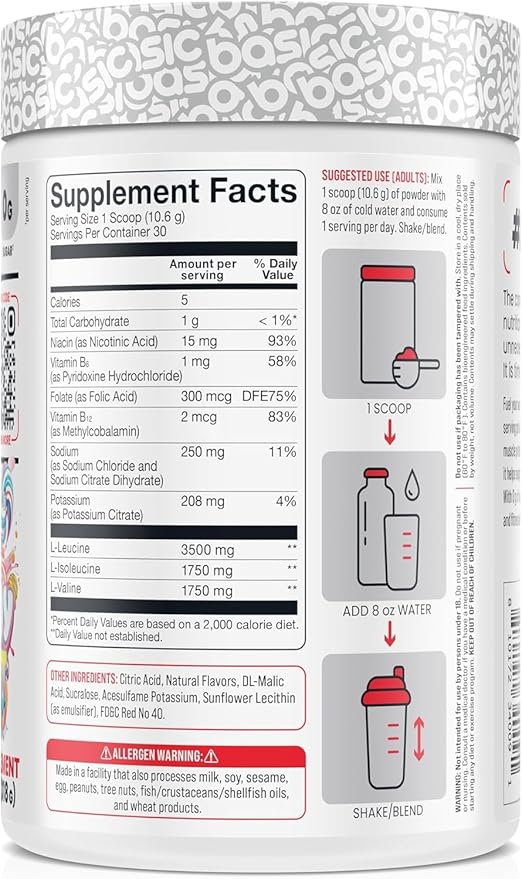 BCAA Powder, Instantized Formula with 7g BCAAs, 2:1:1 Ratio, 450mg of Electrolytes, Sugar-Free, Vegan, Gluten-Free, Supports Muscle Recovery