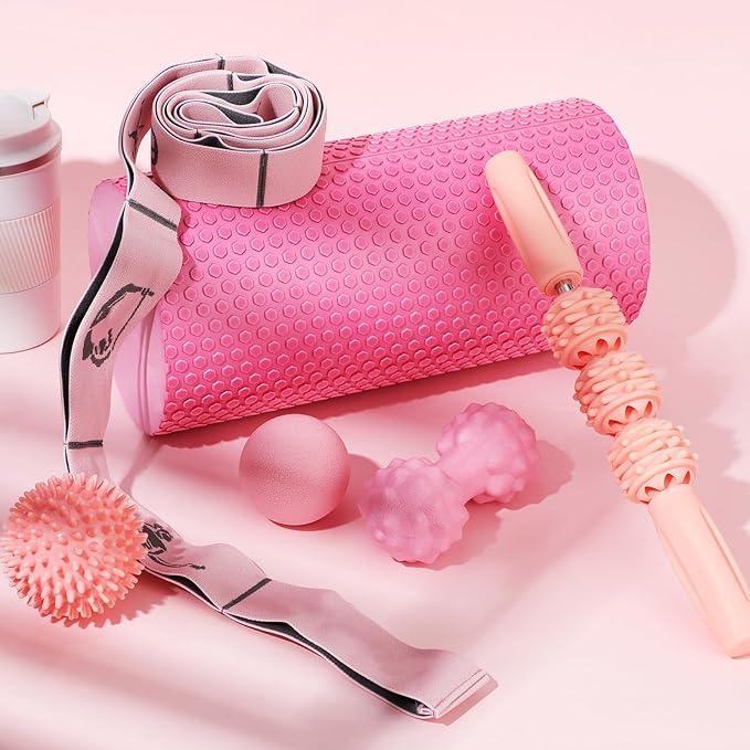 6 Pcs Pink Foam Roller Set Includes Peanut Massage Ball, Back Roller, Massage Roller Stick, 2 Foot Stretching Strap, and Fasciitis Ball for Christmas Gift Exercise Physical Body Therapy Yoga Massager