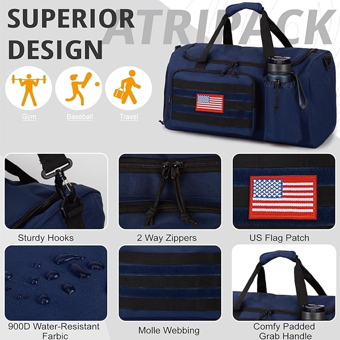 Tactical Gym Bag for Men, 40L Large Capacity Duffle Bags with Shoes Compartment, Sports Bag with wet compartment, Multi-functional Weekend Bags Suitable for Travel, Camping,hiking